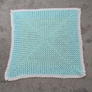Crocheted Handmade Teal & White Baby Afghan; 36" x 36"